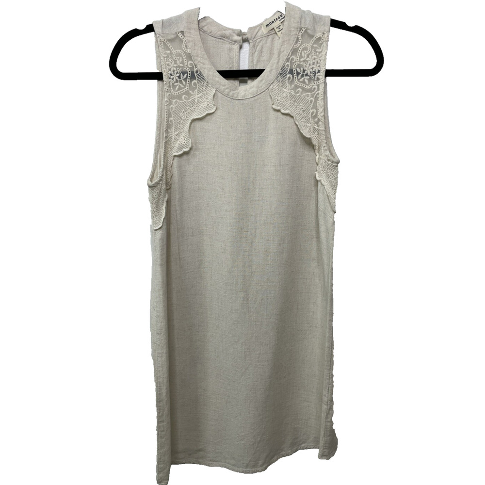 MONTEAU Tank Dress Cream Linen Lace Ruffle Honeymoon‎ Beach Coastal Summer S